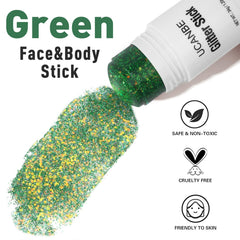 UCANBE Green Body Glitter Stick on face highlights bold, safe sparkle for performances.