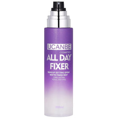 UCANBE makeup setting spray bottle top close-up showing matte finish
