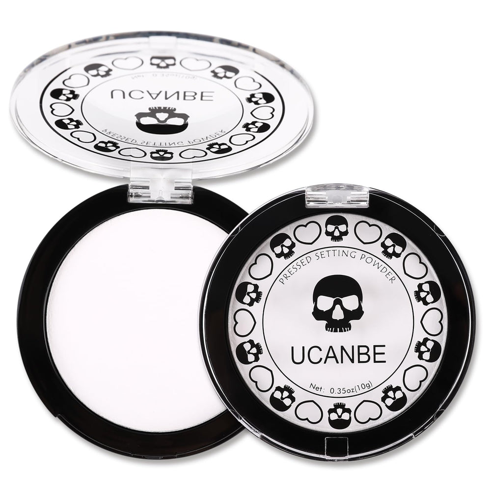 UCANBE white pressed powder compact close-up shows silky texture and matte finish