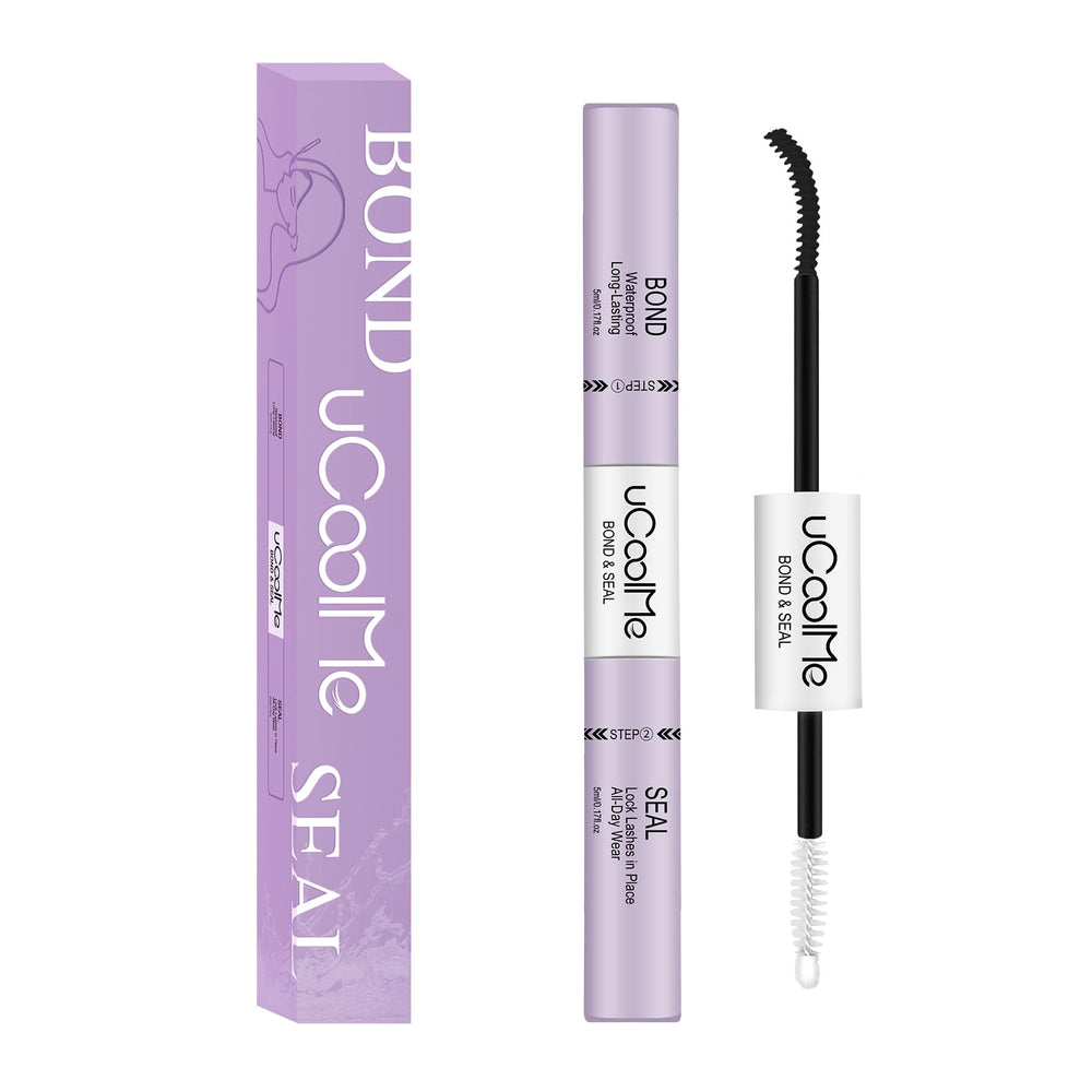 UCOOLME Lash Bond and Seal black bottle pours highlighting long-lasting hold for DIY lash extensions.