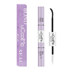 UCOOLME Lash Bond and Seal black bottle pours highlighting long-lasting hold for DIY lash extensions.