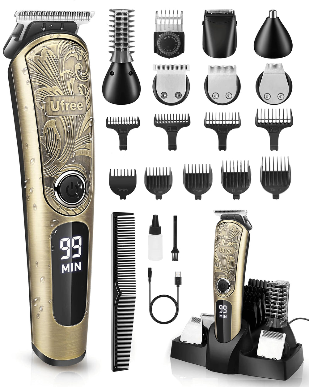 Ufree beard trimmer with charging stand for organized grooming on busy mornings.