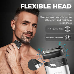 Ufree titanium-blades dual-foil close-up shows fast, smooth shaving with skin-friendly glide.
