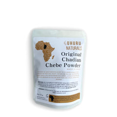 Uhuru Naturals ChadianChebe powder jar showing authentic packaging and hair nourishment.