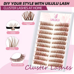 UILULU Brown Lash Clusters D Curl left-right display for easy at home application