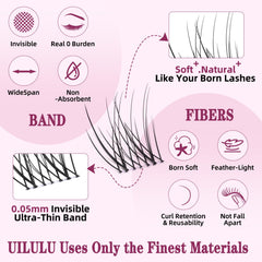 Uilulu soft PBT lashes close up showing durable, lightweight clusters