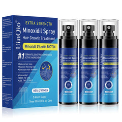 Uinqio 5% Minoxidil spray bottle for precise scalp application to thinning areas.