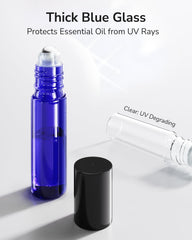 ULG roller bottle cobalt blue glass close-up with stainless steel roller ball.