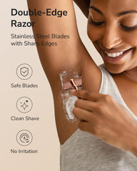 ULG rose gold safety razor handle close-up shows ergonomic grip