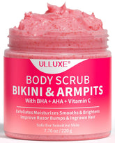 ulluxe bikini area exfoliator jar closeup highlighting scrub texture for smoother bikini skin