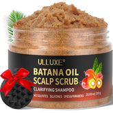 ulluxe scalp scrub batana oil pour demonstrates cleansing action for a refreshed scalp