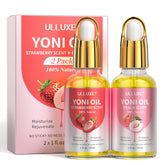 ulluxe yoni oil twin-pack bottle display showing peach and strawberry blends for balanced pH and daily moisture