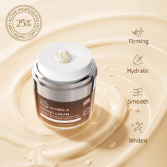 ULTIBELA neck cream applied to neck demonstrating smoothing and firming texture for daily use.