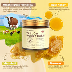 Ultrove balm ingredients closeup showing grass-fed tallow and raw honey nourishing skin