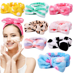 UMIKU 8-pack bow headbands in coral fleece keep hair away during skincare.
