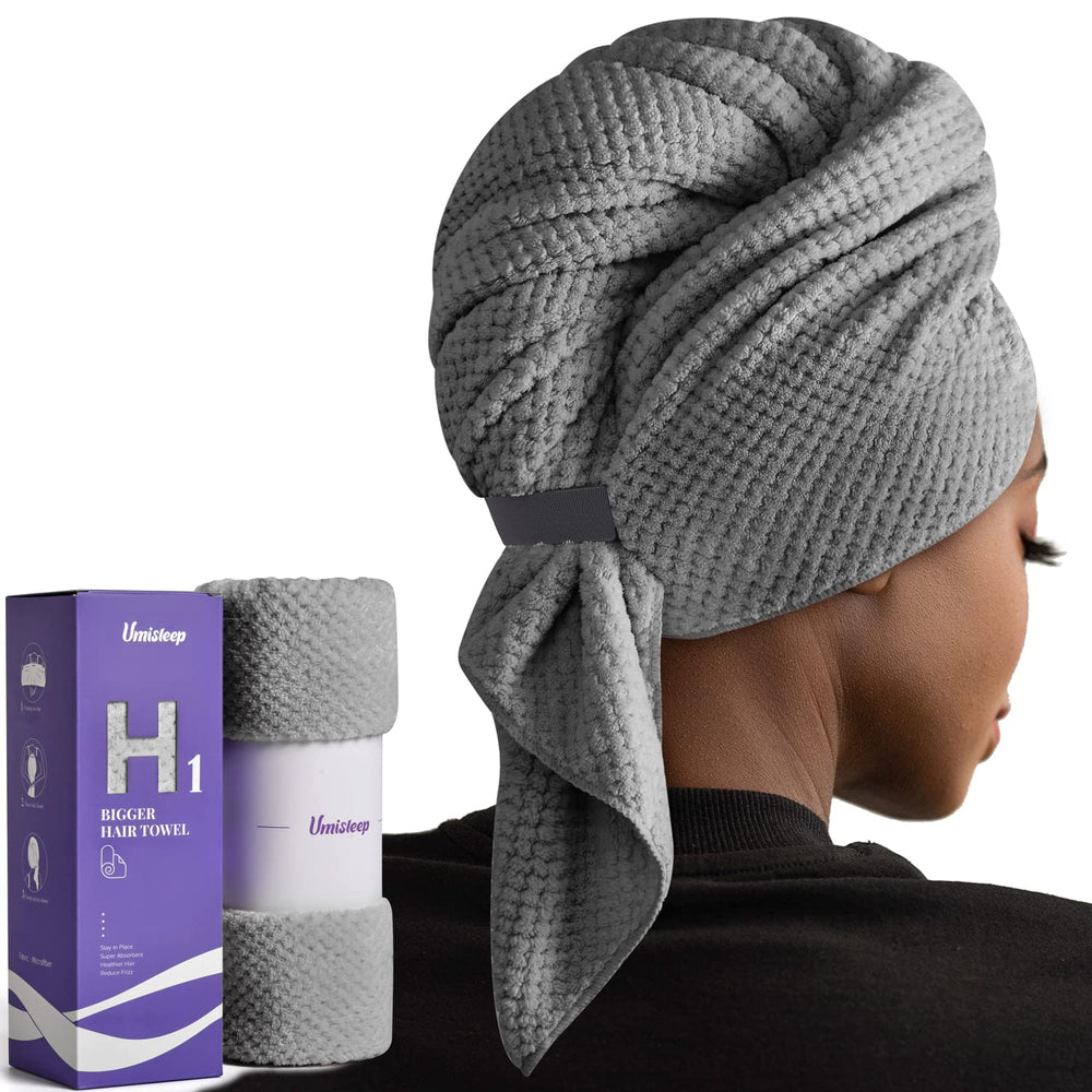 Umisleep extra-large towel wrapped head demonstrates quick-dry convenience for long hair.