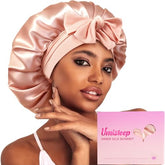 Umisleep silk bonnet closeup shows premium mulberry silk for gentle, frizz-free hair.