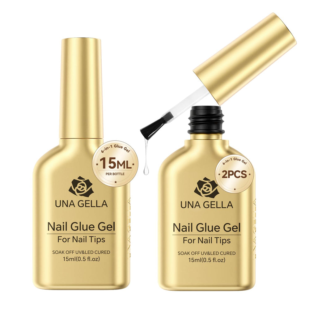 UNA GELLA 6in1 nail glue 2pcs 15ml shows compact bottles for durable adhesion on clear tips.