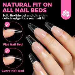 UNA GELLA clear long coffin nails closeup emphasizes transparent coverage for natural-looking length