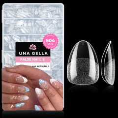 UNA GELLA extra short almond nail tips box with 504pcs for organized DIY manicure.