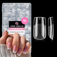 UNA GELLA Nail Tips Square close-up shows soft gel tips with clear coverage for natural-looking extensions.