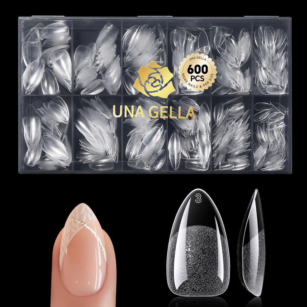 UNA GELLA Short Almond Nail Tips box packaging for home DIY manicure.