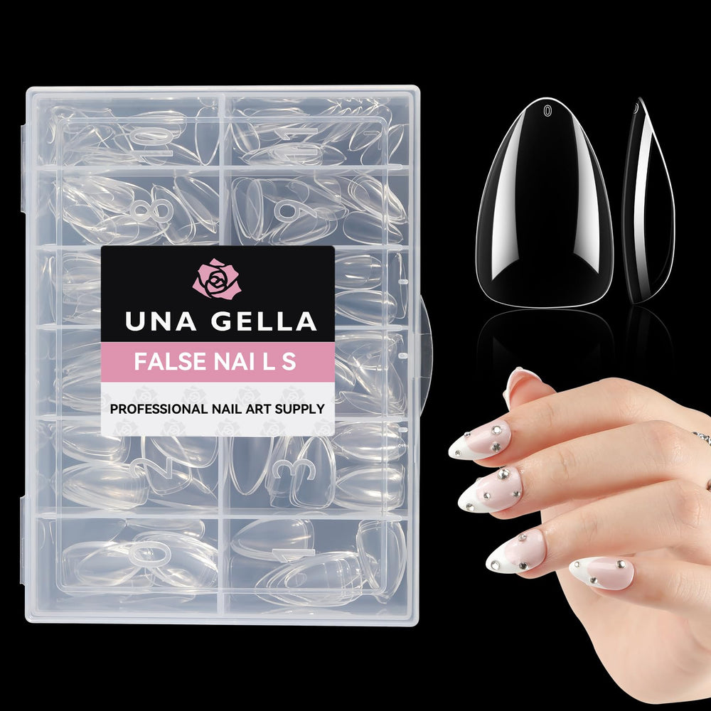UNA GELLA Short Almond Nail Tips pack shows breathable soft gel tips for natural-looking nails.
