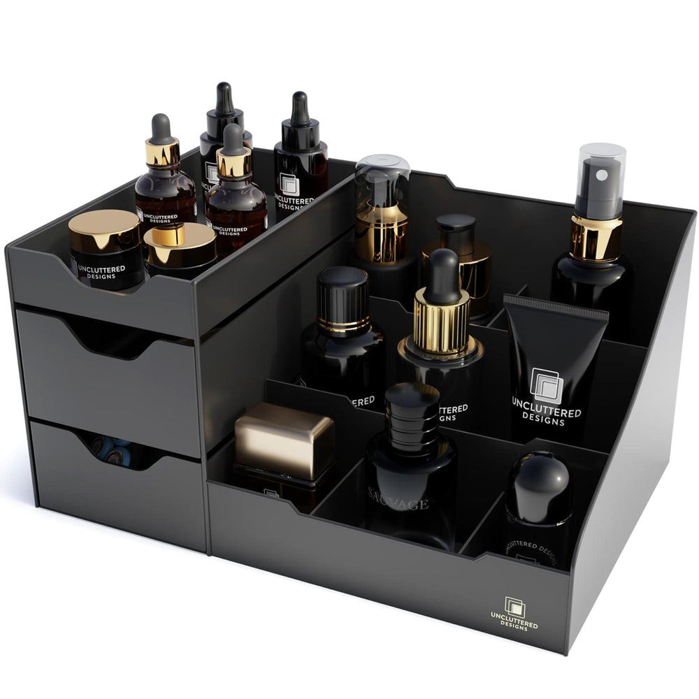 Uncluttered Designs large black vanity organizer front view showing clutter-free cosmetics storage for easy morning routines