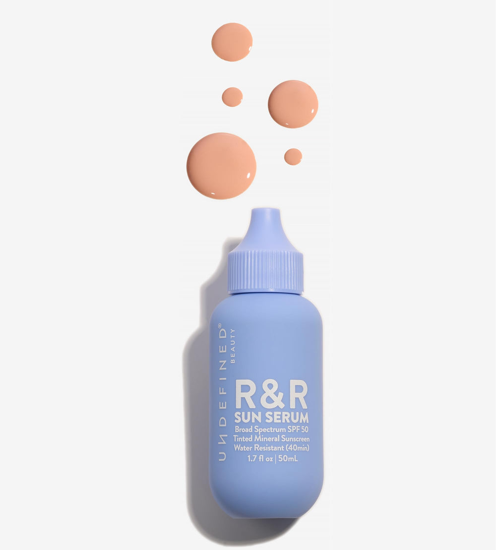 Undefined Beauty R&R Sun Serum bottle front showing tinted mineral protection for daily wear