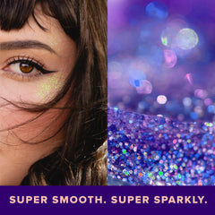 UNICORN SNOT body glitter closeup highlights long-lasting sparkle with fast-drying gel texture.