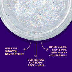 UNICORN SNOT body glitter gel for festival glow on the skin.