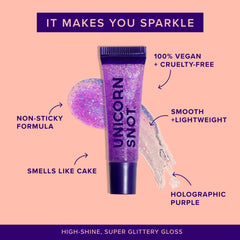 UNICORN SNOT cake-scent lip gloss applies smoothly with non-sticky feel.