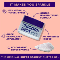 UNICORN SNOT glitter gel on the face for a bold highlight.