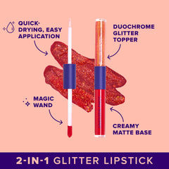 Quiet Riot glitter gloss layered over matte for duochrome sparkle