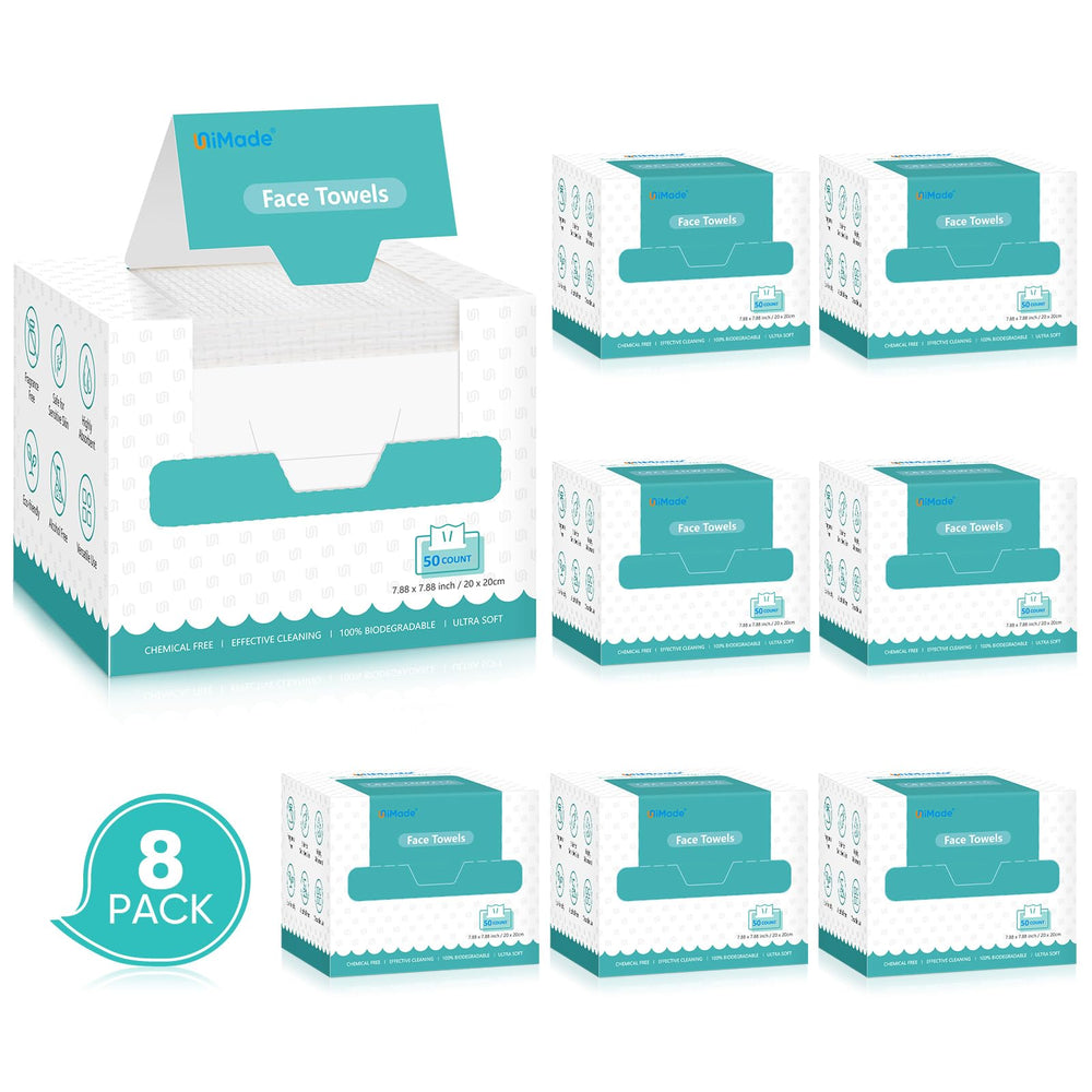 UNIMADE Face Towels in packaging highlight a hygienic single-use option for daily cleansing.
