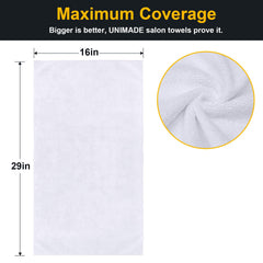 UNIMADE salon towels 24-pack in-use drying with premium microfiber absorption.