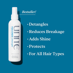 UNITE 7SECONDS on hair strand close-up, highlights lightweight conditioning effect