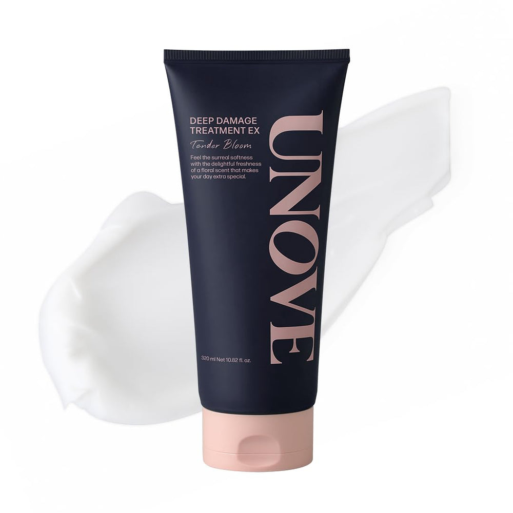 UNOVE Deep Damage Treatment Ex bottle label showcases a keratin-rich formula for damaged hair.