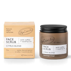 UPCIRCLE Coffee Face Scrub Citrus packaging highlights sustainable glass jar.