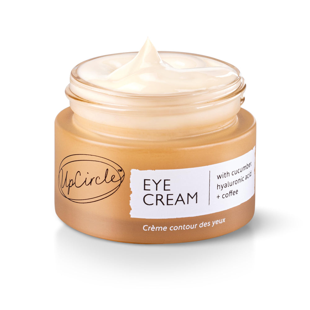 UPCIRCLE Eye Cream in a glass jar with coffee and hyaluronic acid brightens under-eye skin.