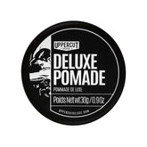 Uppercut Deluxe Deluxe Pomade jar showing strong hold and high shine
