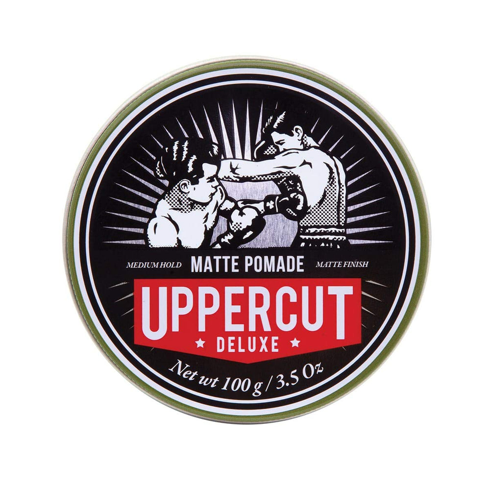 Uppercut Deluxe Matte Pomade jar showing the product's premium quality.