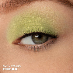 Urban Decay 24/7 Eyeshadow Freak swatch reveals lime green shimmer payoff.