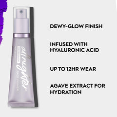 Urban Decay All Nighter Extra Glow dewy finish on skin for hydrated look.