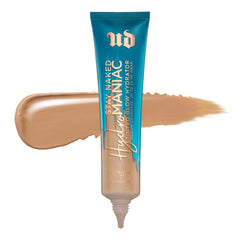 Urban Decay Hydromaniac bottle closeup highlighting hydrating dewy finish for dry skin.