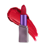 Urban Decay Vice Hydrating Lipstick 714 lip swatch shows bright blue-red matte finish for bold color