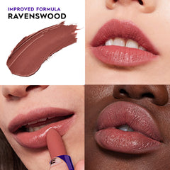 Urban Decay Vice Hydrating Lipstick Ravenswood lip swatch indicating lasting color on lips.