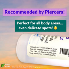Urban ReLeaf Piercing Relief soak steps for twice-daily cleansing.