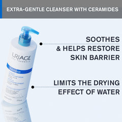 Uriage Gentle Cleansing Syndet label closeup highlights hydrating barrier-support ingredients.