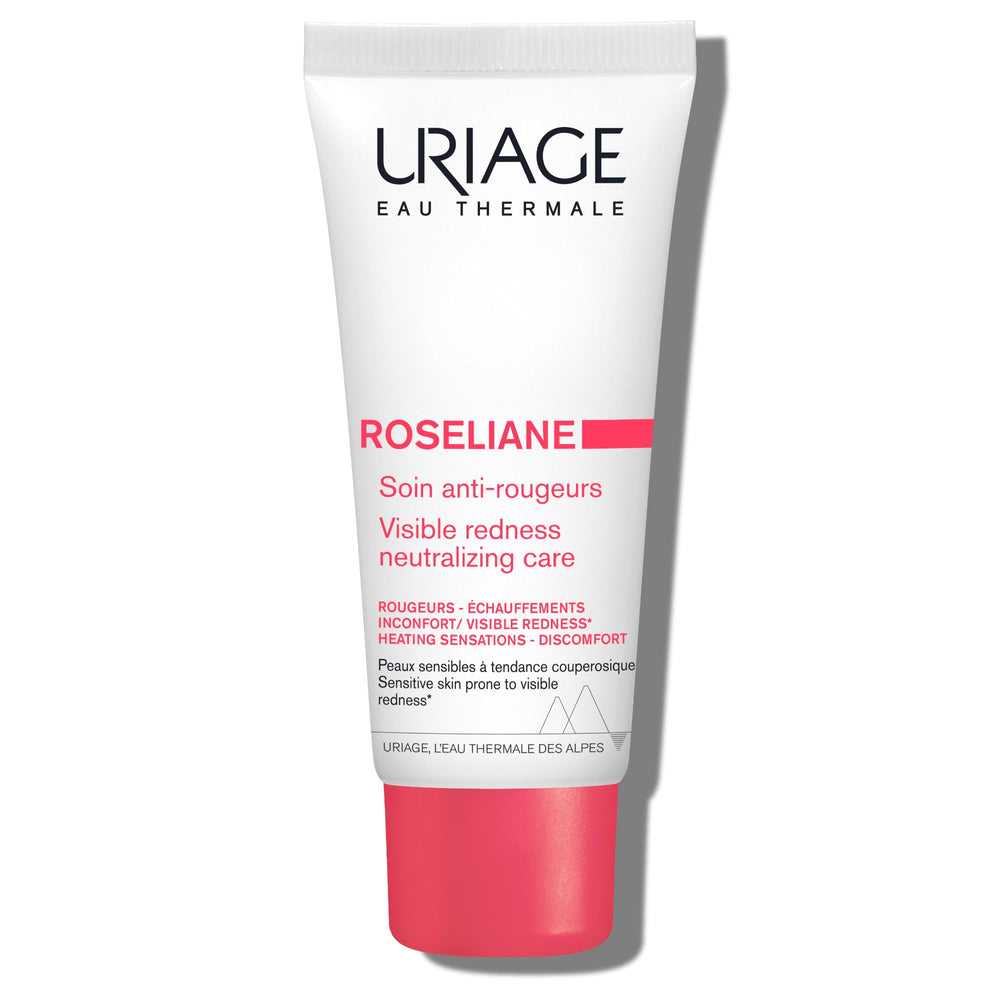 Uriage Roseliane anti-redness cream packaging closeup highlighting premium soothing care.